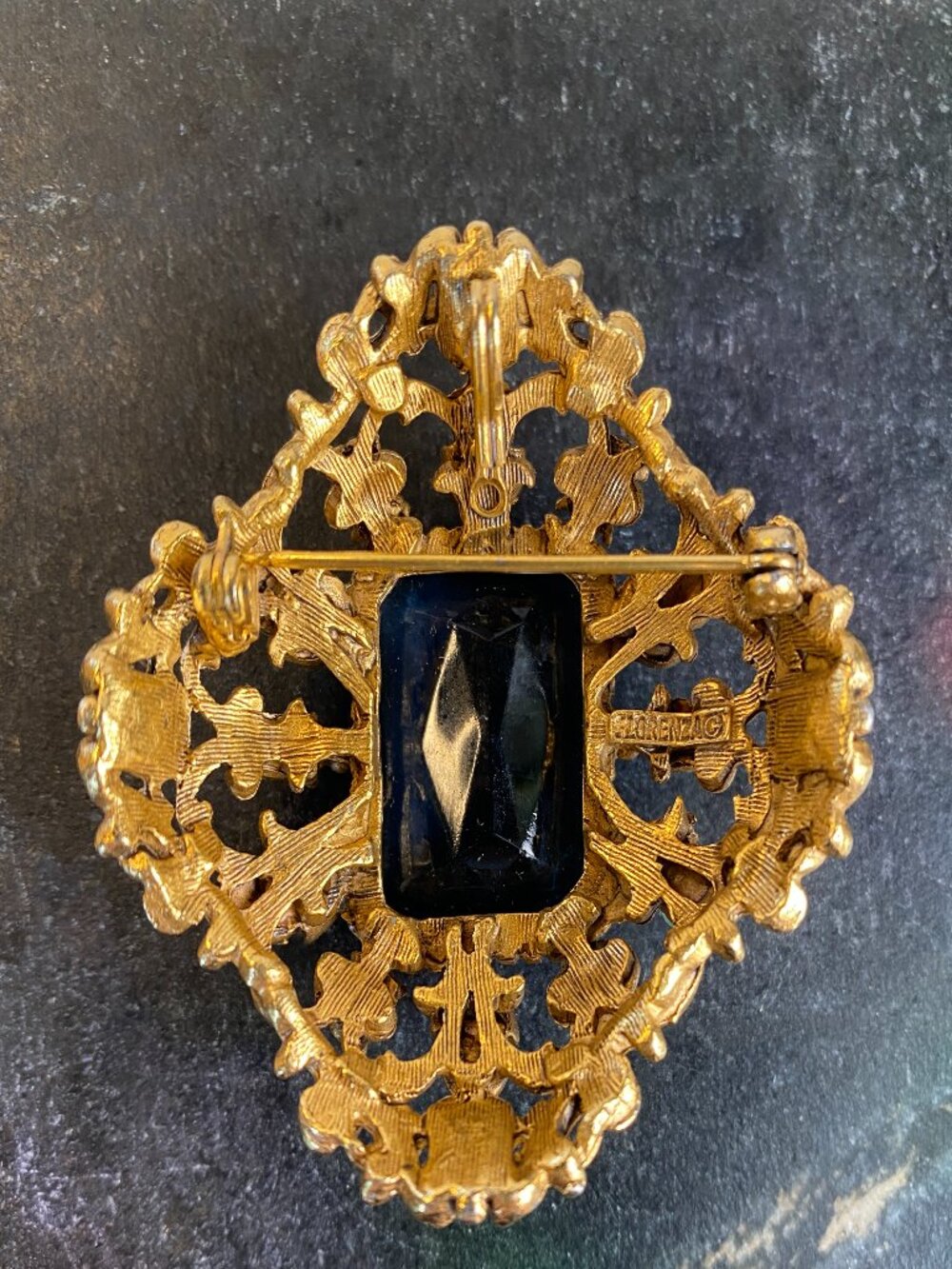 Vintage Florenza Brooch Pendant w/ Large Emerald-cut Sapphire Blue Glass Stone - Picture 8 of 14